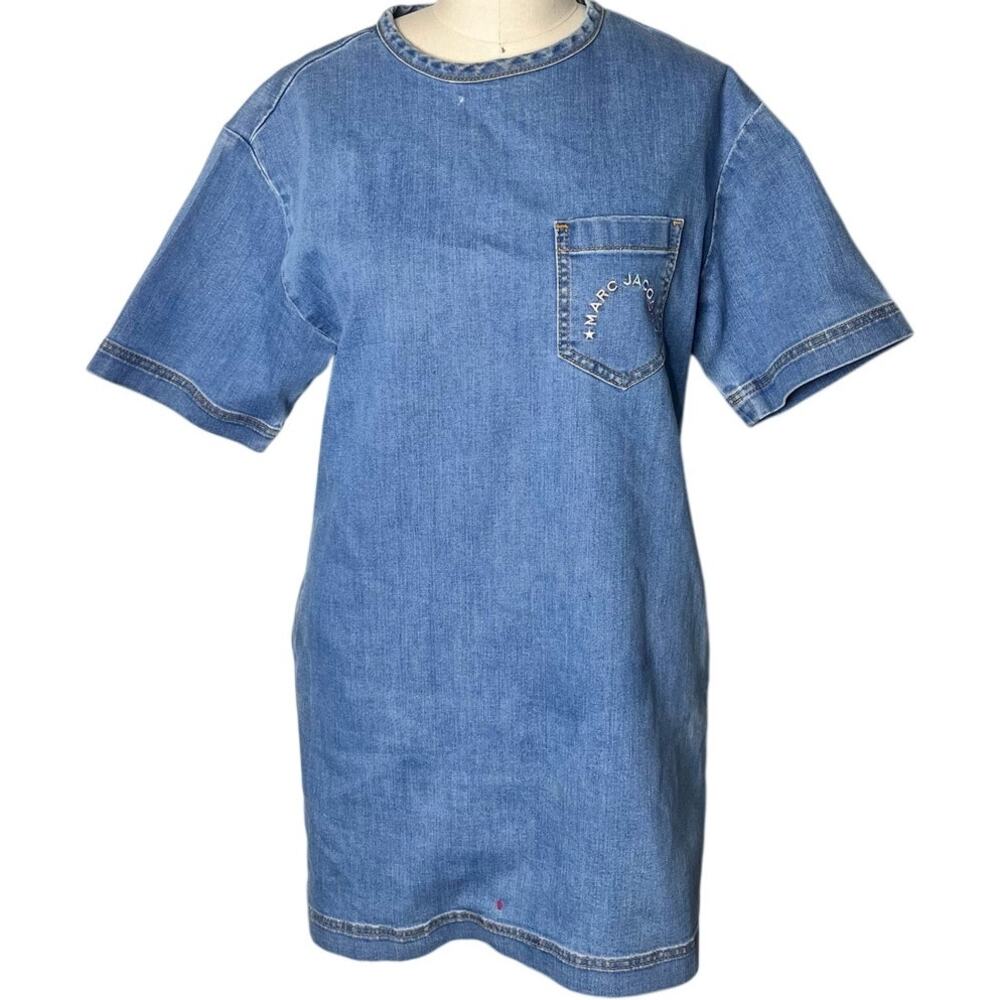 Marc Jacobs XS Denim T-Shirt Dress Rainbow Script Logo Pocket Back Zip